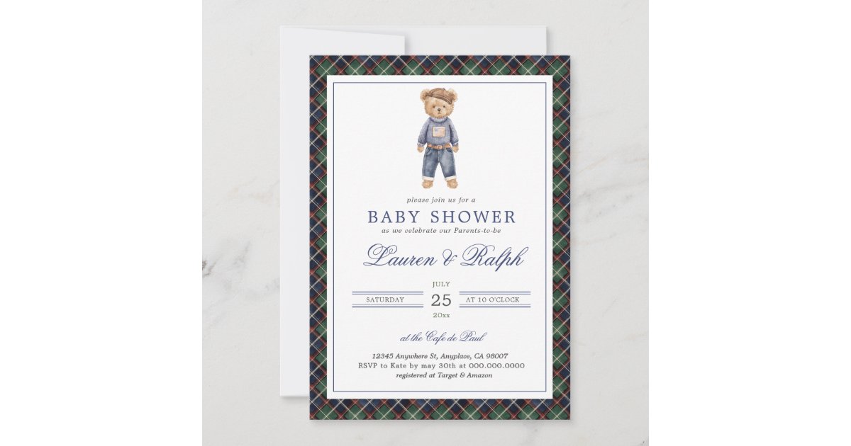 Polo Bear Boy Classic Preppy Baby Shower Invitation | Zazzle