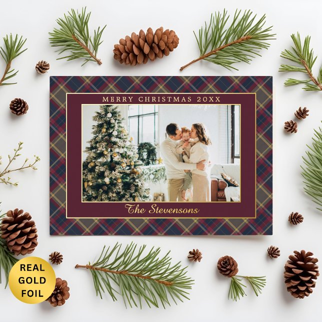 Polo Equestrian Burgundy Plaid Photo Christmas Foil Holiday Card (Creator Uploaded)