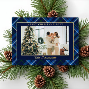 Polo Equestrian Navy Blue Plaid Photo Christmas Foil Holiday Card