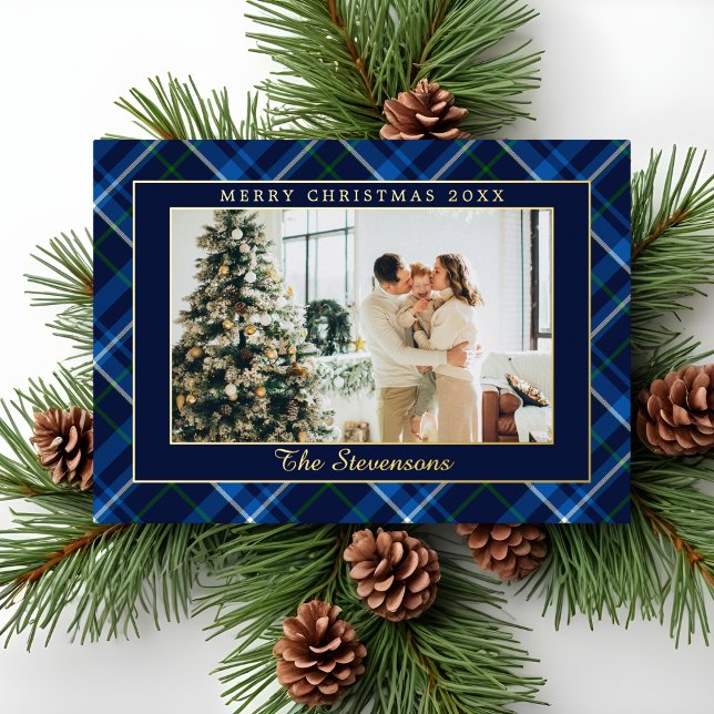 Polo Equestrian Navy Blue Plaid Photo Christmas Foil Holiday Card (Creator Uploaded)