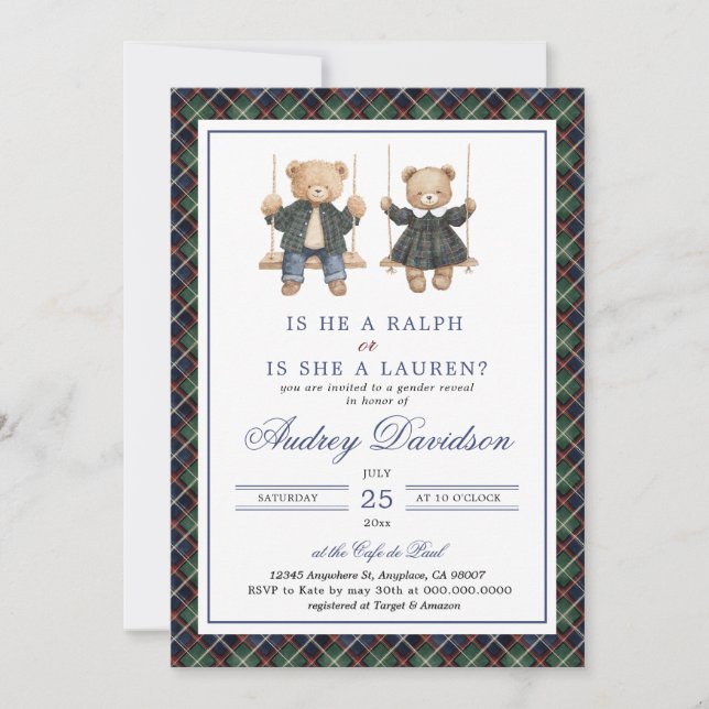 Polo Gender Reveal Tartan Plaid Invitation (Front)