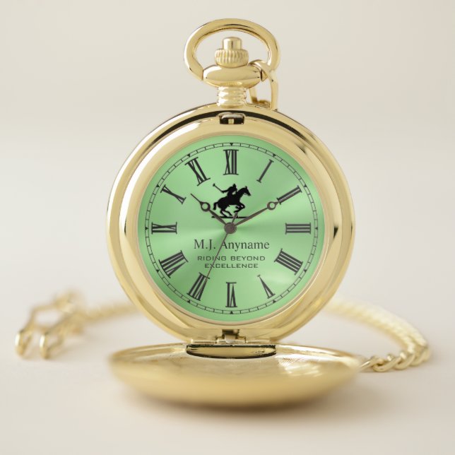 Polo player emblem retirement gift on green pocket watch (Inside)