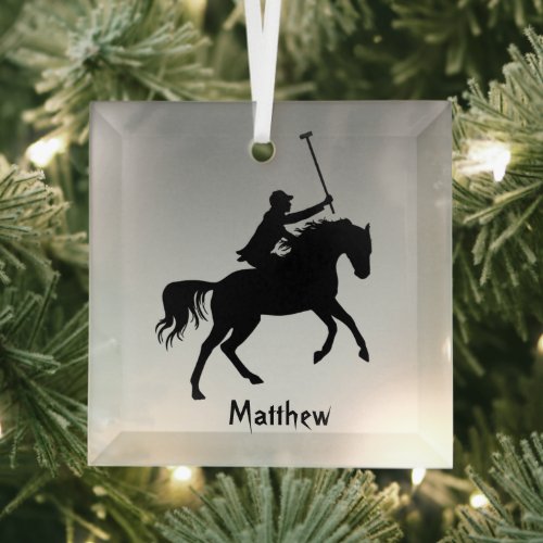 Polo Player on Horse Silver Black Beveled Glass Ornament