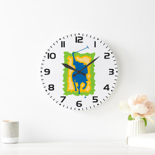Polo Player Silhouette Modern Horseback Sports Large Clock