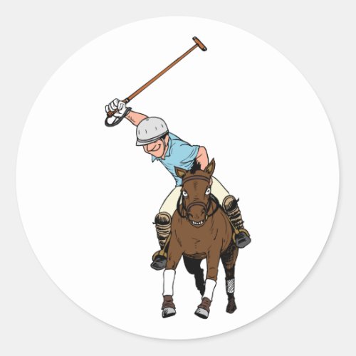 Polo Player Swings Mallet Rides Horse Polo Match Classic Round Sticker