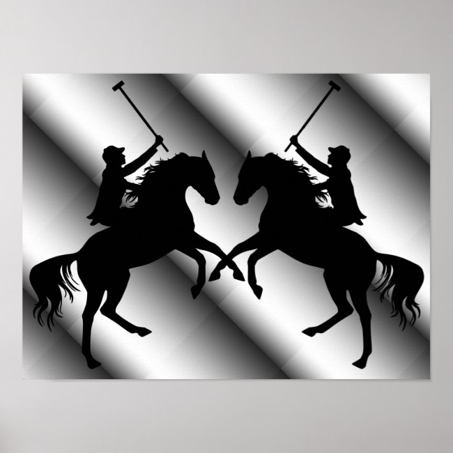 Polo Players on Horseback Silver and Black Poster