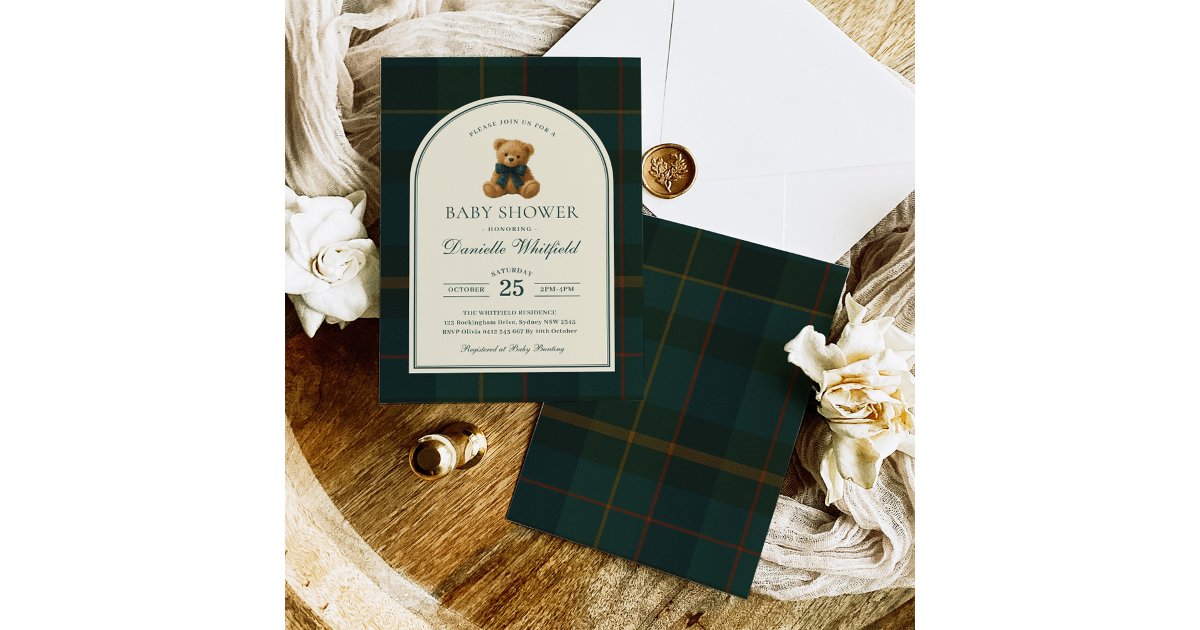 Polo Tartan Teddy Bear Boy Baby Shower Invitation | Zazzle