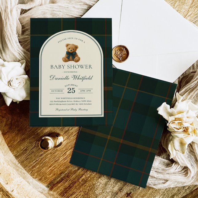 Polo Tartan Teddy Bear Boy Baby Shower Invitation (Creator Uploaded)