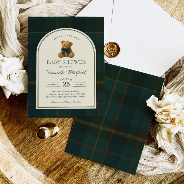 Polo Tartan Teddy Bear Boy Baby Shower Invitation | Zazzle