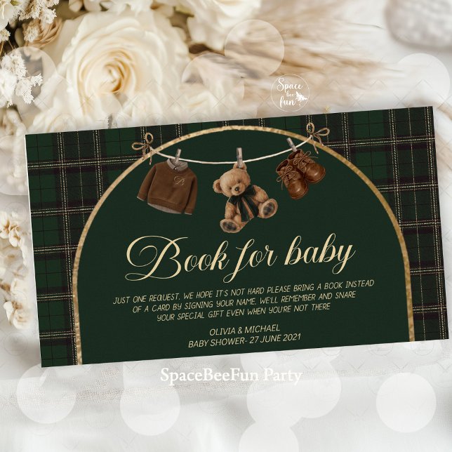 Polo Teddy Bear Classic Baby Shower book for baby Enclosure Card (polo teddy bear, tartan baby shower, preppy baby shower, book for baby, baby shower guest book, baby)