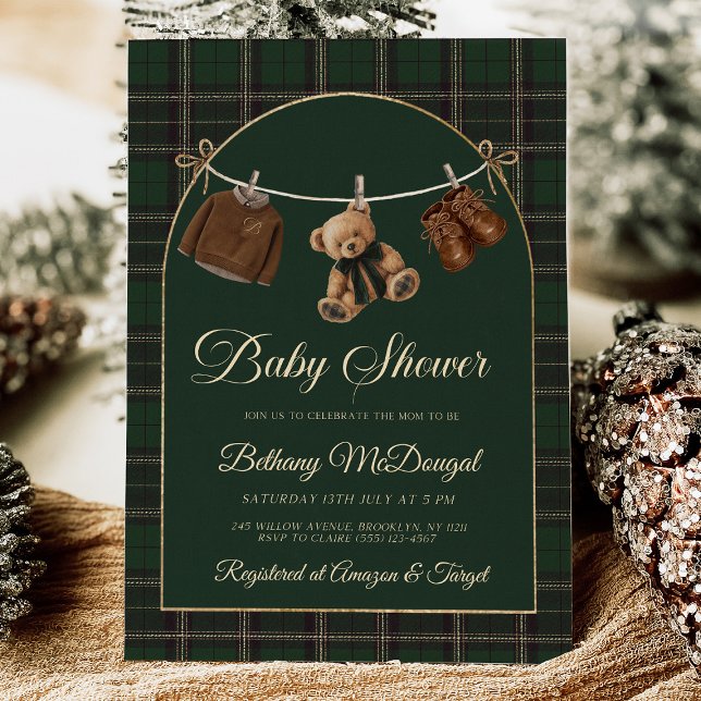 Polo Teddy Bear Classic Baby Shower Invitation (polo bear invitation, green tartan baby shower, preppy baby shower, teddy nvitation, classic baby sh)
