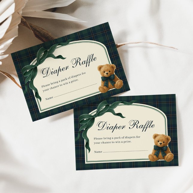 Polo Teddy Bear Green Bow Plaid Diaper Raffle Enclosure Card (Creator Uploaded)