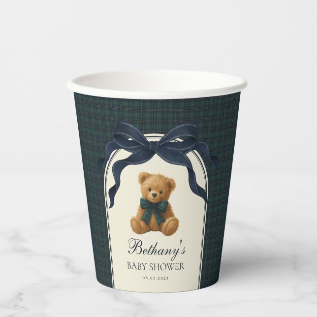 Polo Teddy Bear Navy Bow Plaid Baby Boy Paper Cups (Front)