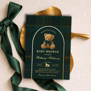 Polo Teddy Bear Tartan Check Baby Shower Foil Invitation
