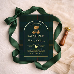 Polo Teddy Bear Tartan Check Baby Shower Foil Invitation