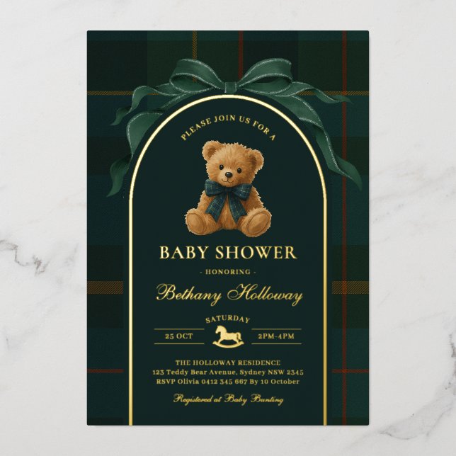 Polo Teddy Bear Tartan Flannel Boy Baby Shower Foil Invitation (Front)