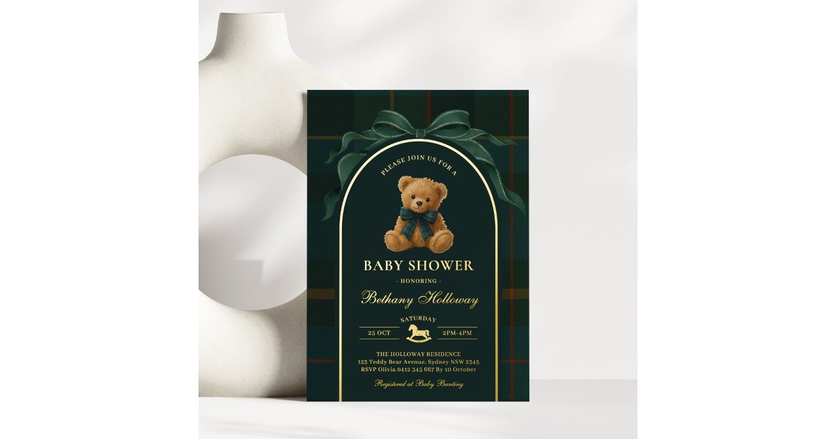 Polo Teddy Bear Tartan Flannel Boy Baby Shower Foil Invitation | Zazzle