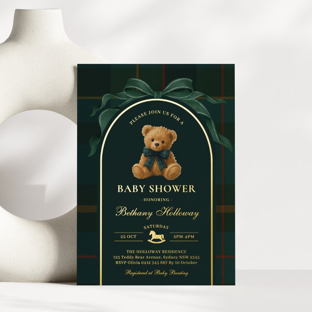 Polo Teddy Bear Tartan Flannel Boy Baby Shower Foil Invitation (Creator Uploaded)