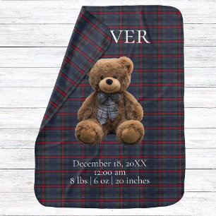 Polo Teddy Bear Tartan Plaid Birth Stats Newborn Baby Blanket