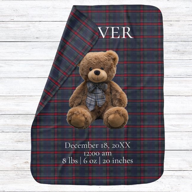 Polo Teddy Bear Tartan Plaid Birth Stats Newborn Baby Blanket (Ralph Polo Teddy Bear lue Tartan Plaid Personalized Name Birth Stats Newborn Baby Blanket)