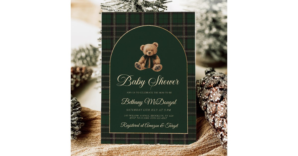 Polo Teddy Bear Tartan Preppy Baby Shower Foil Invitation | Zazzle