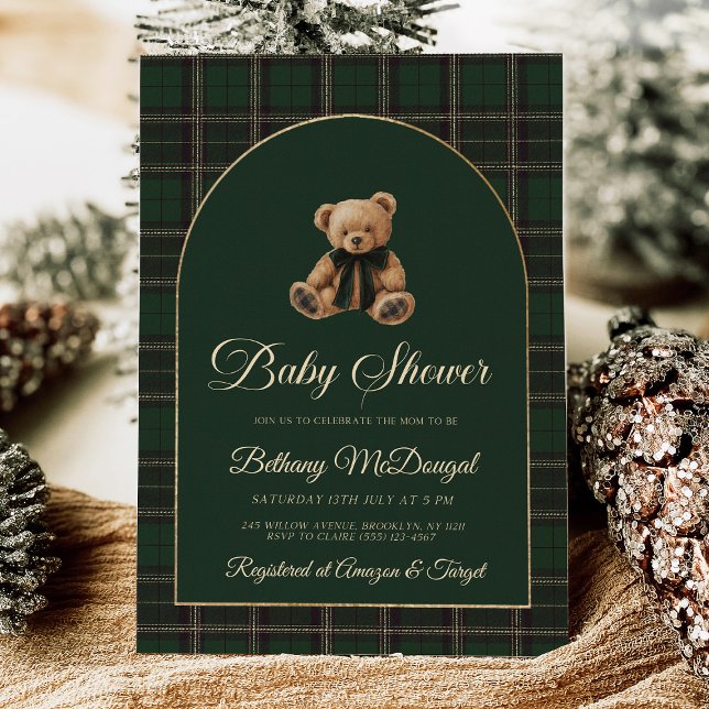 Polo Teddy Bear Tartan Preppy Baby Shower Foil Invitation (polo bear invitation, green tartan baby shower, preppy baby shower, foil invitation, classic baby sh)