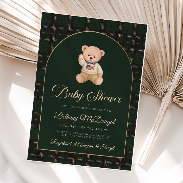 Polo Teddy Bear Tartan Preppy Baby Shower Foil Invitation (polo bear invitation, green tartan baby shower, preppy baby shower, foil invitation, classic baby sh)
