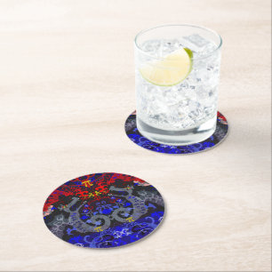 Polyamory Dragon Damask in Poly Pride Flag Colors Round Paper Coaster
