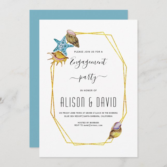Polygon, seashells beach wedding engagement party invitation (Front/Back)