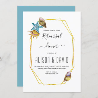 Polygon, seashells beach wedding rehearsal dinner invitation