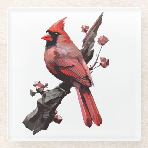 Polygonal cardinal bird design glass coaster
