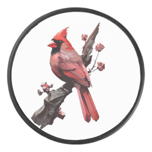 Polygonal cardinal bird design hockey puck