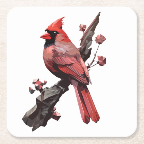 Polygonal cardinal bird design square paper coaster