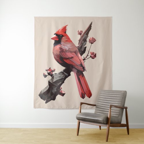 Polygonal cardinal bird design tapestry
