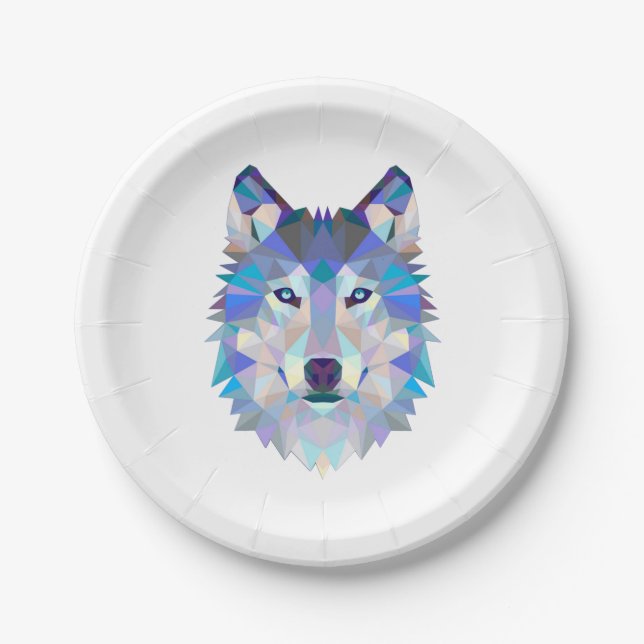 Polygonal geometric wolf head paper plates (Front)