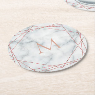 polygonal rose gold monogram on white marble stone round paper coaster