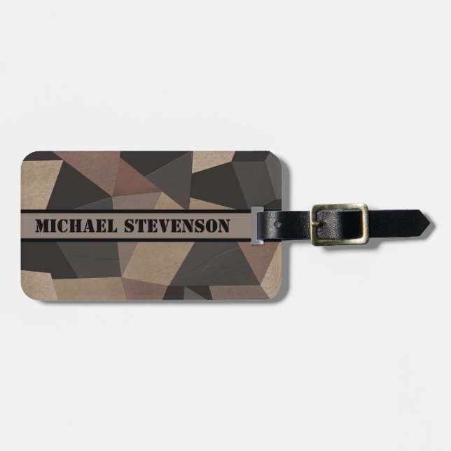 Polygonal triangles geometrical print brown beige luggage tag (Front Horizontal)