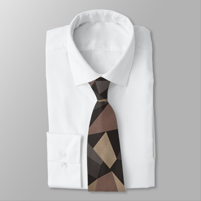 Polygonal triangles geometrical print brown beige neck tie (Tied)