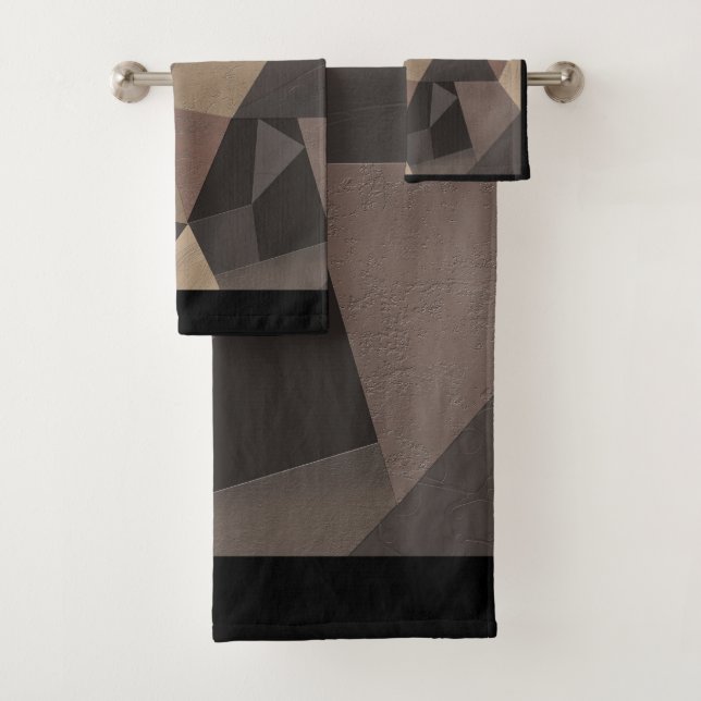 Polygonal triangles geometrical print brown colors bath towel set (Insitu)