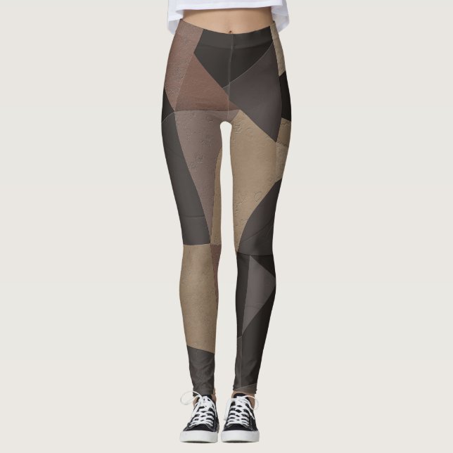 Polygonal triangles geometrical print brown colors leggings (Front)