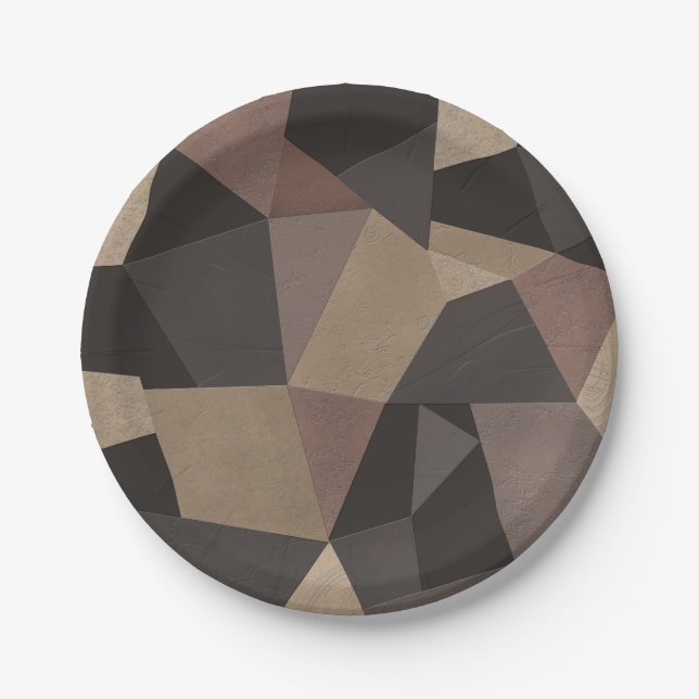 Polygonal triangles geometrical print brown colors paper plates (Front)