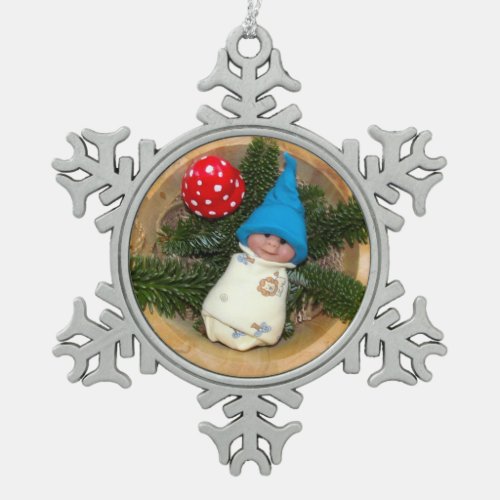 Polymer Clay Baby Elf with Toadstool Pin Snowflake Pewter Christmas Ornament