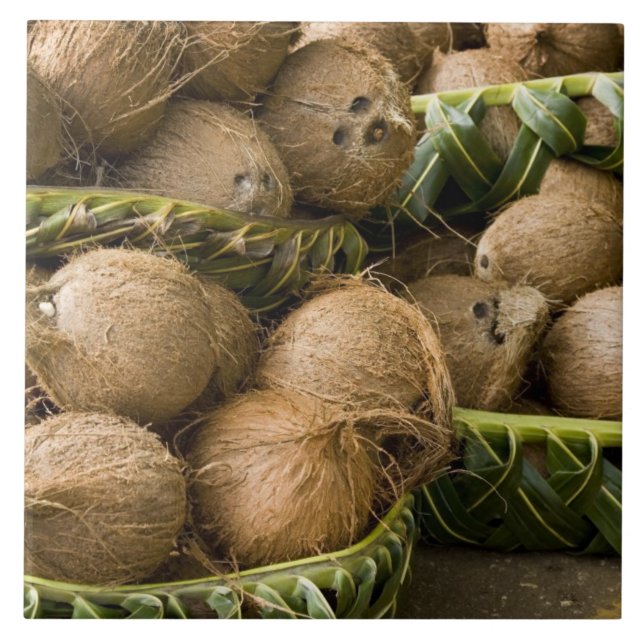 Polynesia, Kingdom of Tonga. Display of coconuts Ceramic Tile (Front)