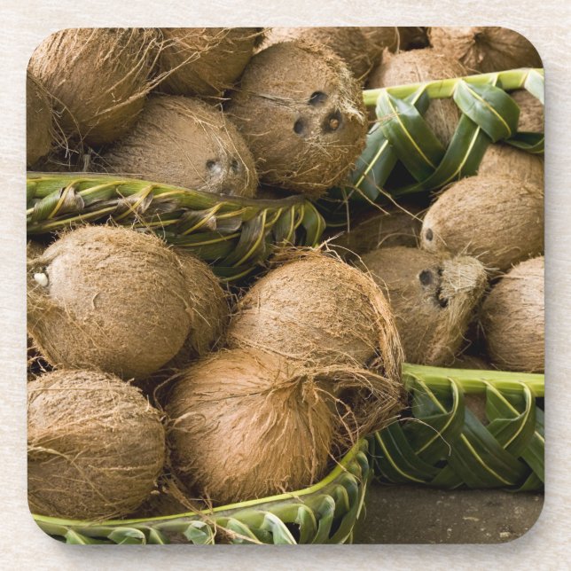 Polynesia, Kingdom of Tonga. Display of coconuts Drink Coaster (Front)