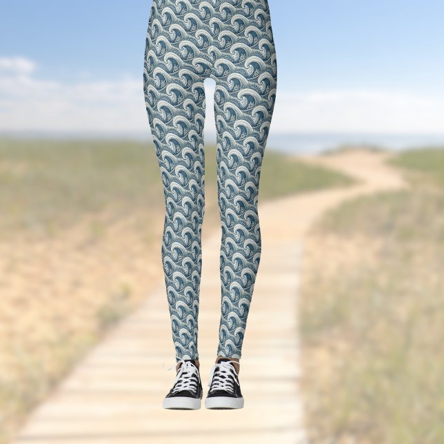 Polynesian Beach Waves and Flowers Ethnic Pattern Leggings (Creator Uploaded)