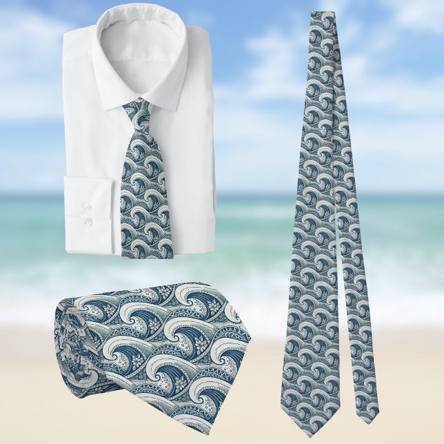 Polynesian Beach Waves and Flowers Ethnic Pattern Neck Tie (Creator Uploaded)