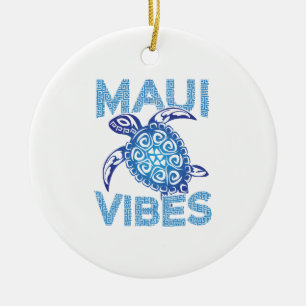 Polynesian Blue Tribal Sea Turtle Maui Vibes Ceramic Ornament