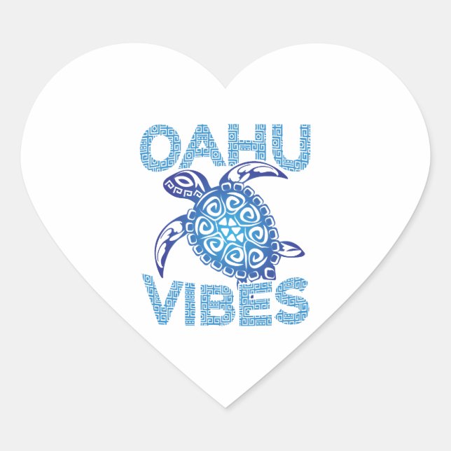 Polynesian Blue Tribal Sea Turtle Oahu Vibes Heart Sticker (Front)
