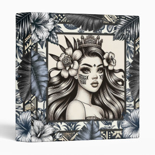 Polynesian Princess Blue Floral Tribal 3 Ring Binder