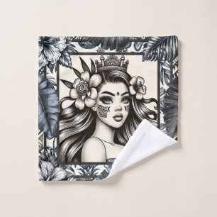 Polynesian Princess Blue Floral Tribal Bath Towel Set